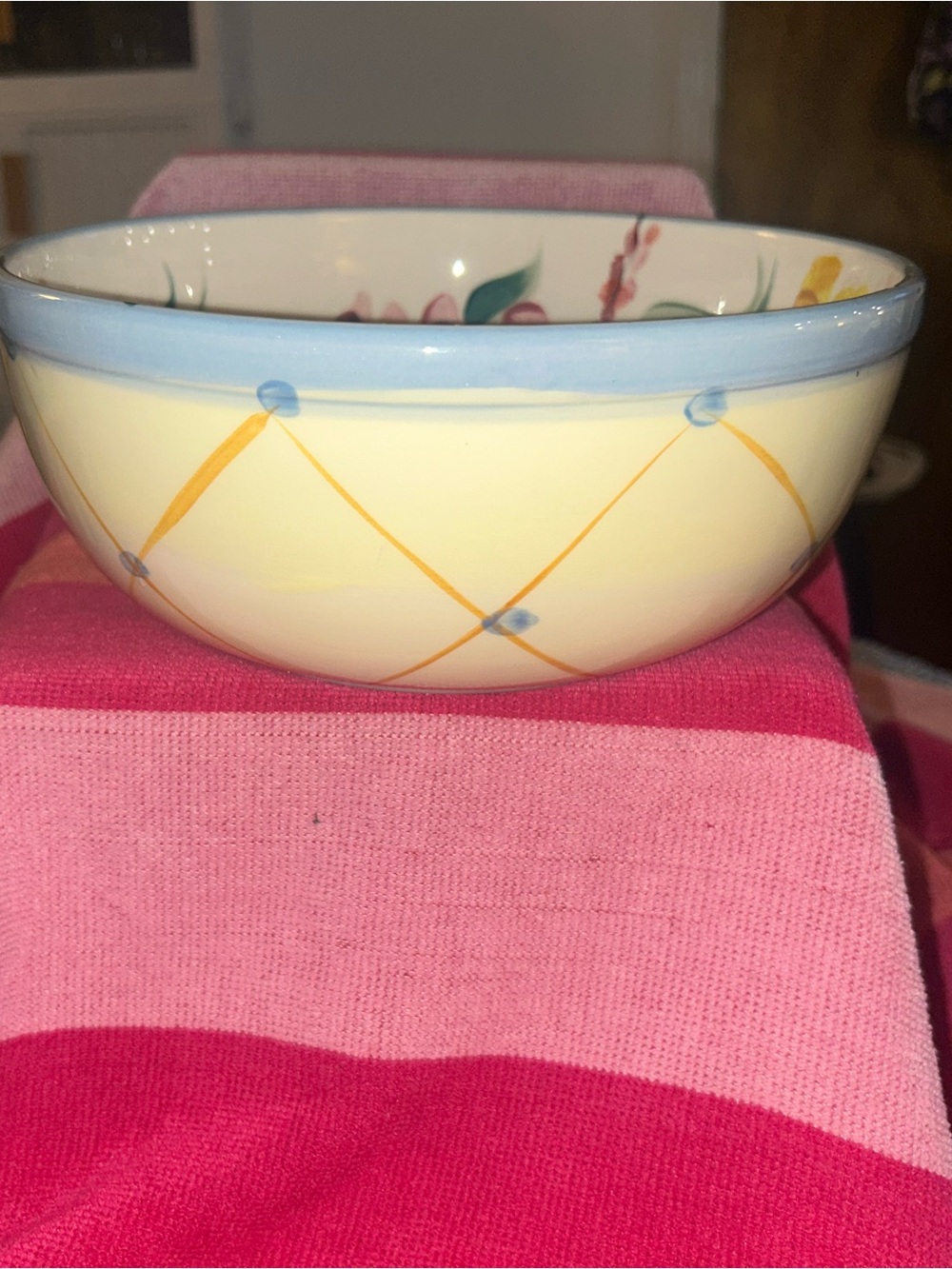Gail Pittman ceramic bowl features the Garden View pattern,